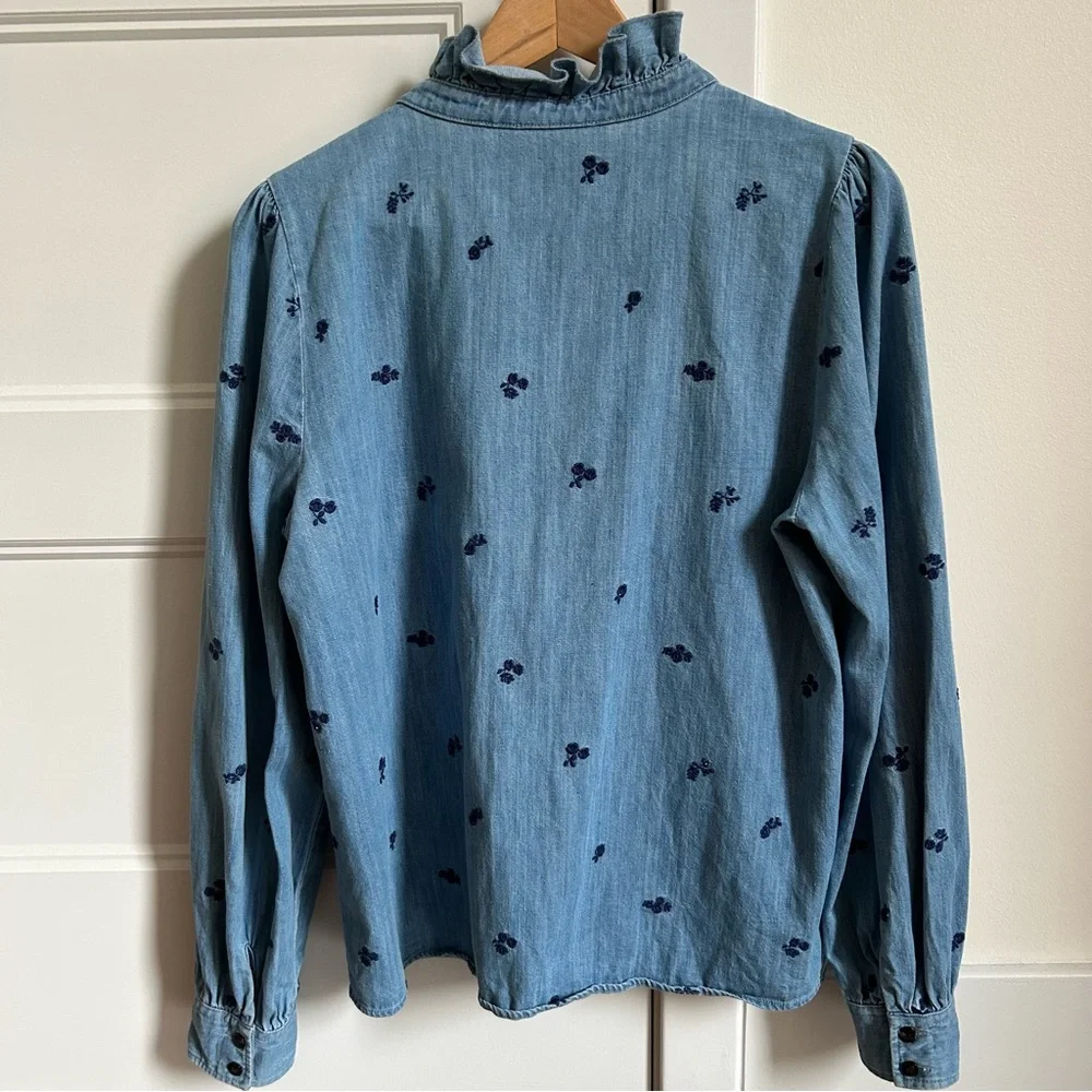 Sézane Chlo Blue Ruffle Denim Shirt Floral Embroidery - Picture 9 of 10